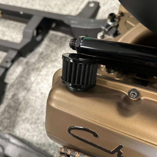 Breather Filter Baffle Kit installed on LS swap valve cover for crank case venting.