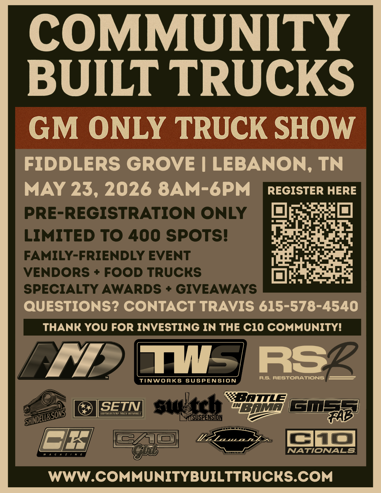 Community Built Trucks 2026 | Registration flyer for GM Only truck show at Fiddlers Grove, Lebanon, TN on May 23, 2026.