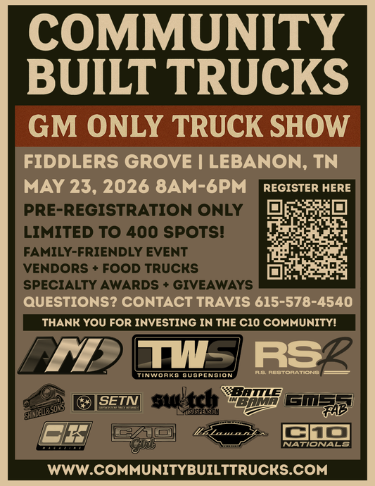 Community Built Trucks 2026 | Registration flyer for GM Only truck show at Fiddlers Grove, Lebanon, TN on May 23, 2026.